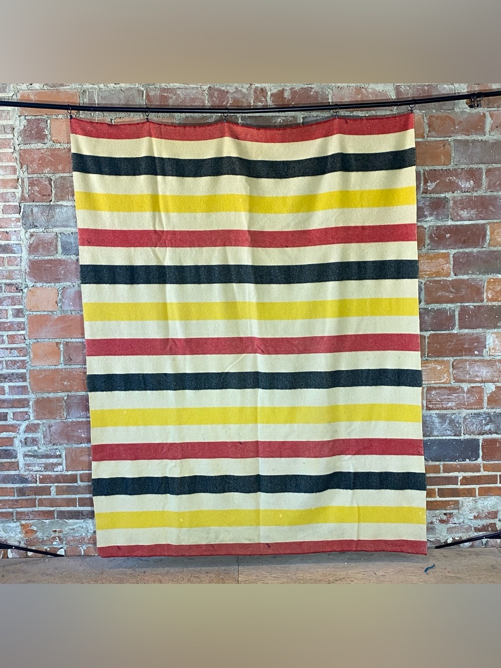 Vintage Striped Trapper Wool Camp Blanket 67” X 87” Black Red Yellow